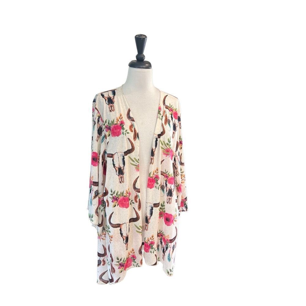 Lucky & Blessed Women's Floral Bull Skull Open Front Kimono Cream Pink Size 2XL